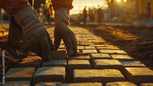 Hands in gloves meticulously laying stone tiles on sand during golden hour at a construction site