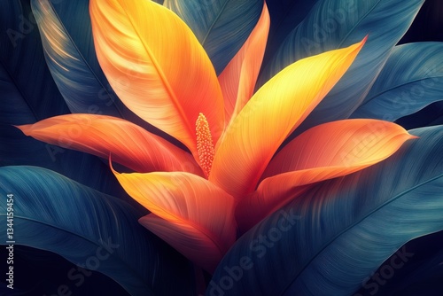 Wallpaper Mural Vibrant Tropical Heliconia Flower and Lush Green Leaves in Dark Botanical Photography Torontodigital.ca