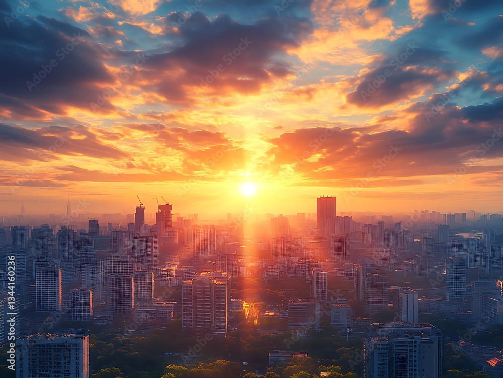 Fototapeta premium Vibrant sunrise over a sprawling cityscape.