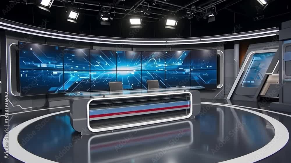 Inside Modern TV Studio with Desk and Screen Background Ready for Broadcast Inside Modern TV Studio with Desk and Screen Background Ready for Broadcast