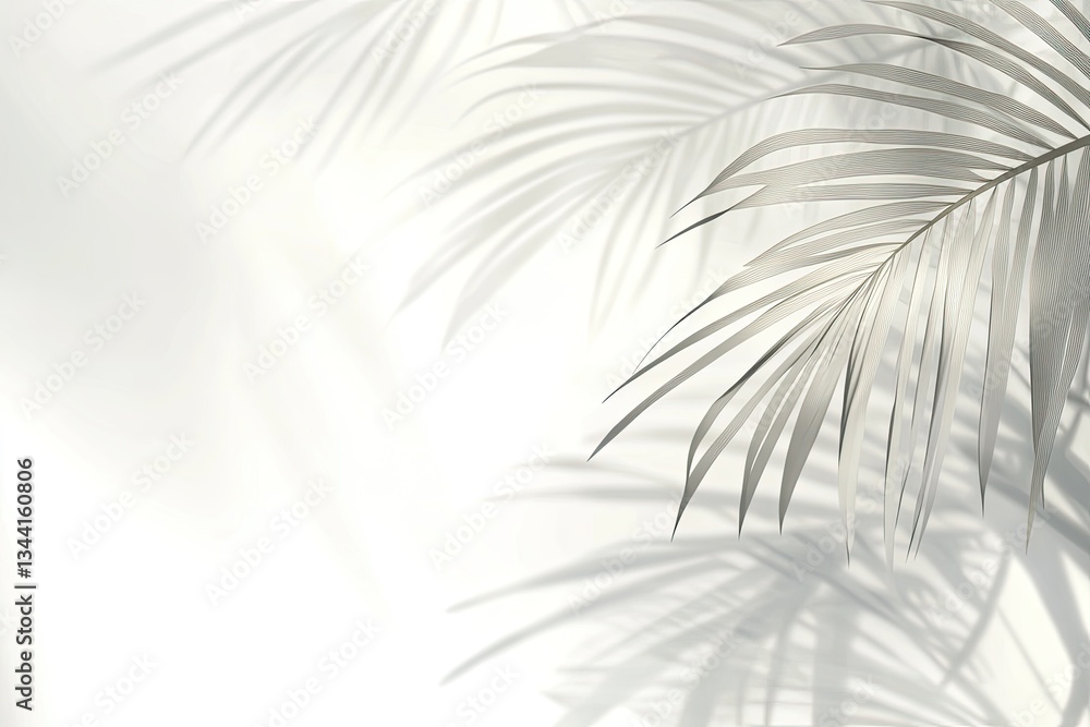 Obraz premium Modern product display backdrop with delicate leaf-shaped shadows, transparent overlay and designated text area for commercial applications.