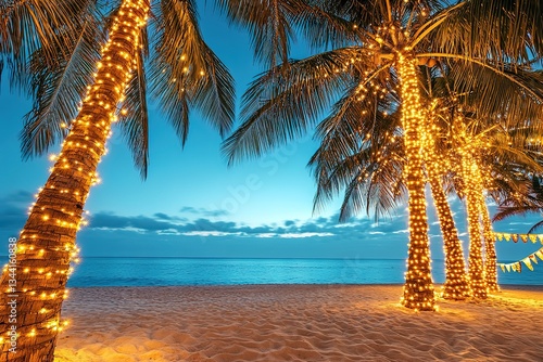 Magical Christmas on Tropical Beach Palm Trees with Fairy Lights at Dusk