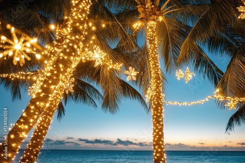 Tropical Christmas Festive Palm Trees with Warm Lights and Snowflakes on Beach at Sunset