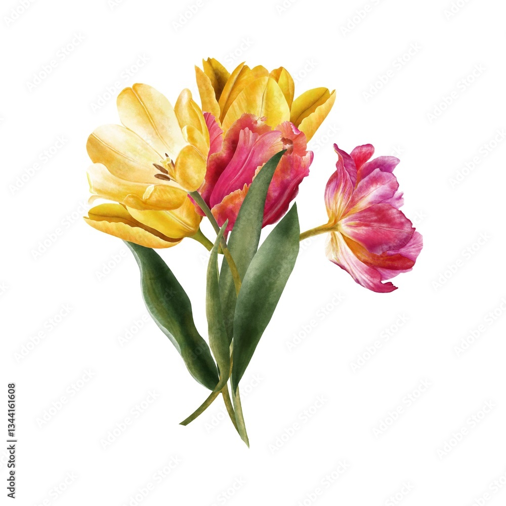tulip bouquet watercolor illustration with spring flowers and bows tulip bouquet watercolor illustration with spring flowers and bows