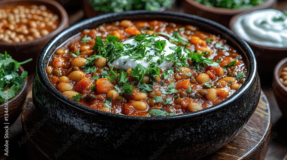 Hearty chickpea stew topped with fresh herbs and yogurt in rustic bowls Hearty chickpea stew topped with fresh herbs and yogurt in rustic bowls