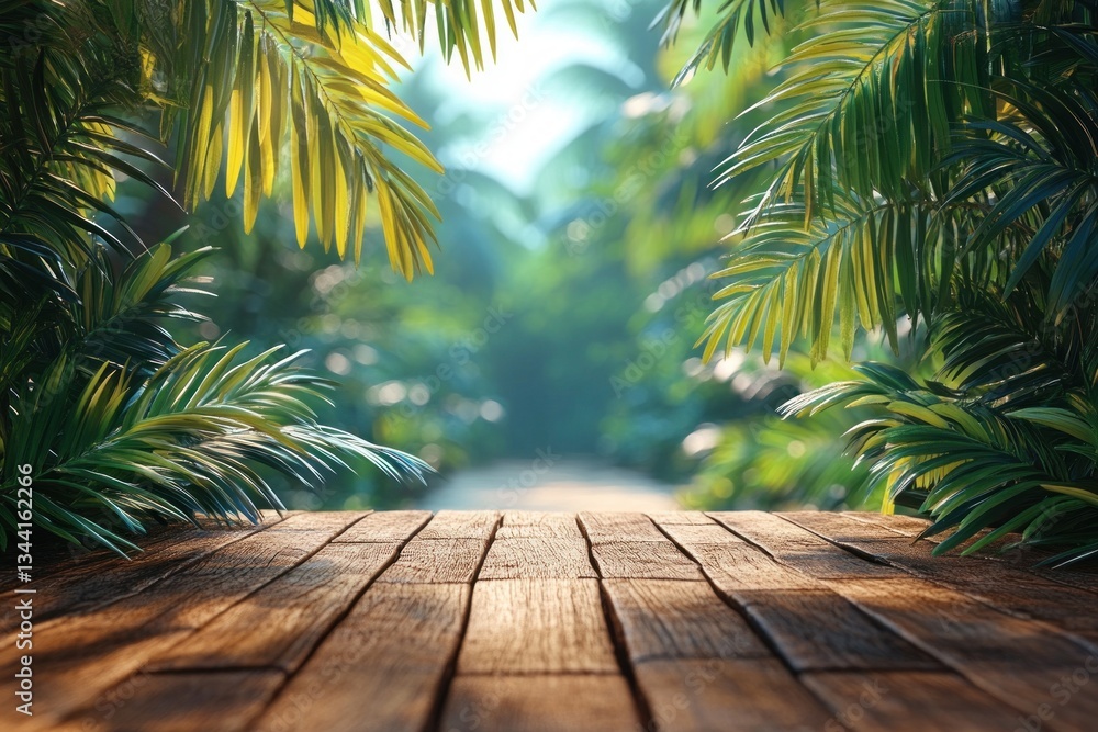 Tropical Beach with Palm Leaves and Minimalistic Wooden Platform Under Blue Sky and White Clouds for Product Presentation and Summer Relaxation Tropical Beach with Palm Leaves and Minimalistic Wooden Platform Under Blue Sky and White Clouds for Product Presentation and Summer Relaxation