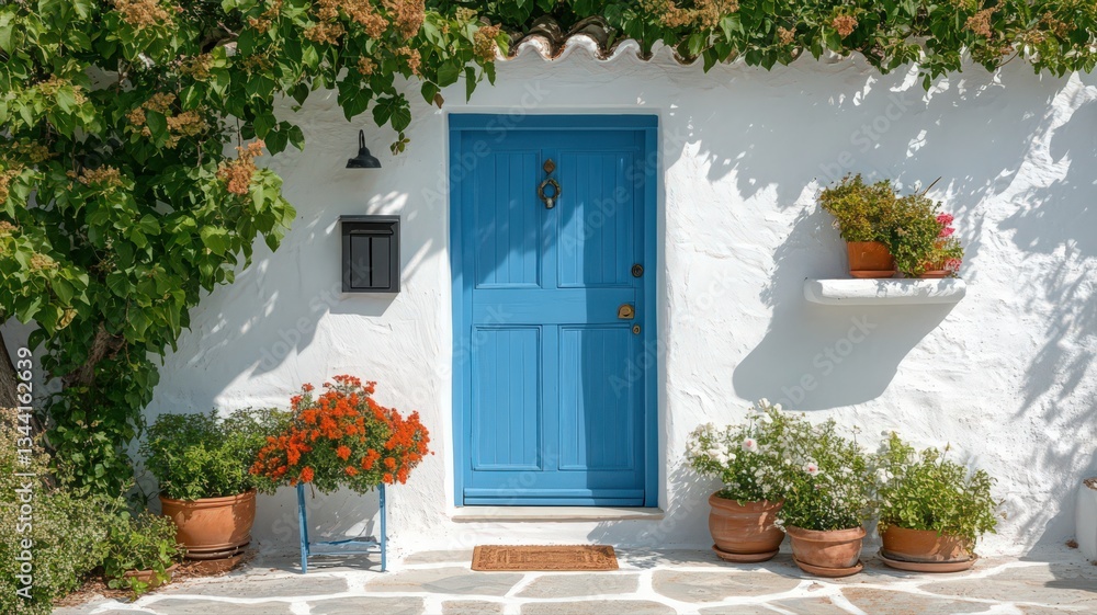 Fototapeta premium Bright Blue Door and Mediterranean Greenery on Whitewashed Building
