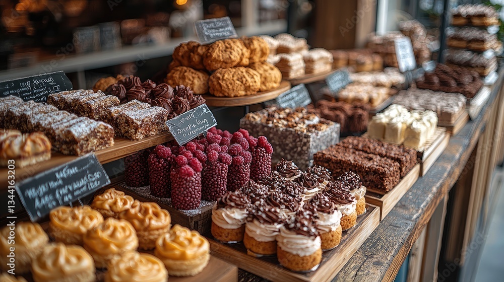 A vibrant display of assorted pastries and desserts in a cozy bakery setting A vibrant display of assorted pastries and desserts in a cozy bakery setting