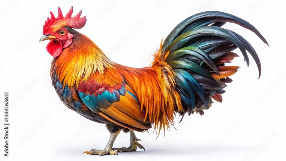 Majestic Rooster, Isolated on White Background - Panoramic Farm Animal Stock Photo Majestic Rooster, Isolated on White Background - Panoramic Farm Animal Stock Photo