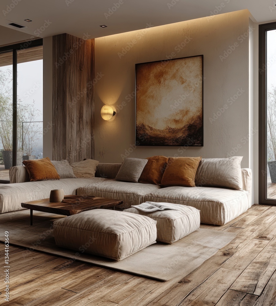 Obraz premium Scandinavian Style Living Room Mock Up with Modern Interior Design and Poster Frame