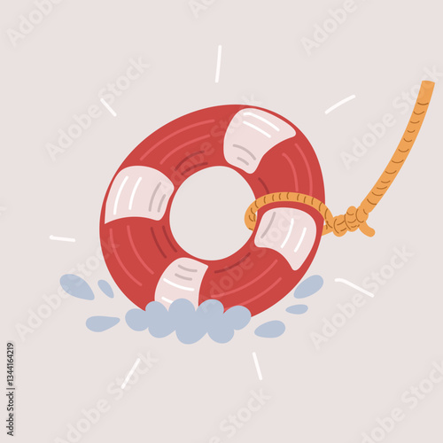 Cartoon vector illustration of a lifebuoy plunging onto water, symbolizing urgent rescue and dynamic safety