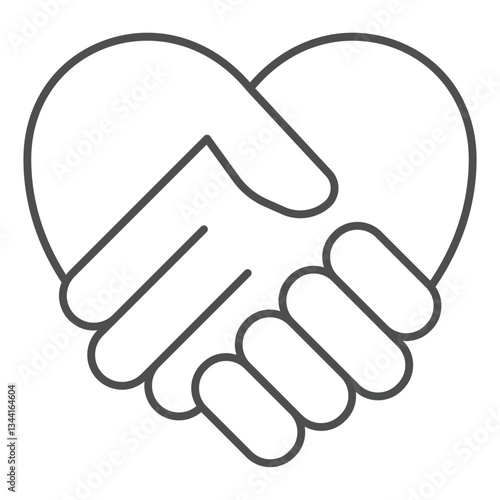 Heart shaped handshake thin line icon, friendship concept. Vector graphics. Two hands deal agreement sign on white background, outline style icon for mobile or web design.