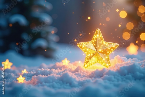 Whimsical golden stars amidst a snowy winter wonderland,, sparkling snow, dazzling stars
