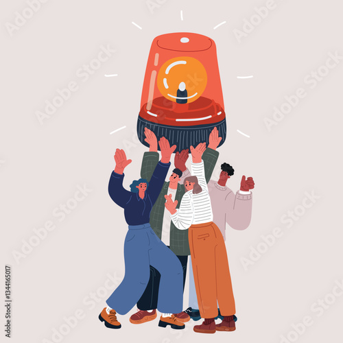 Cartoon vector illustration of a group of people collectively holding a large emergency siren, symbolizing unified vigilance and collective alertness