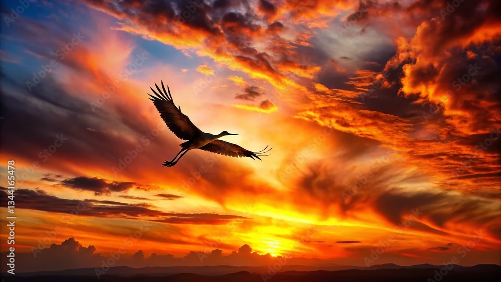Fototapeta premium Majestic Silhouette of a Soaring Bird Against a Dramatic Sunset Sky