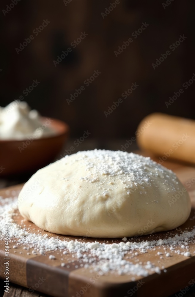 Fresh dough resting on wooden cutting board with rolling pin and flour in background Fresh dough resting on wooden cutting board with rolling pin and flour in background
