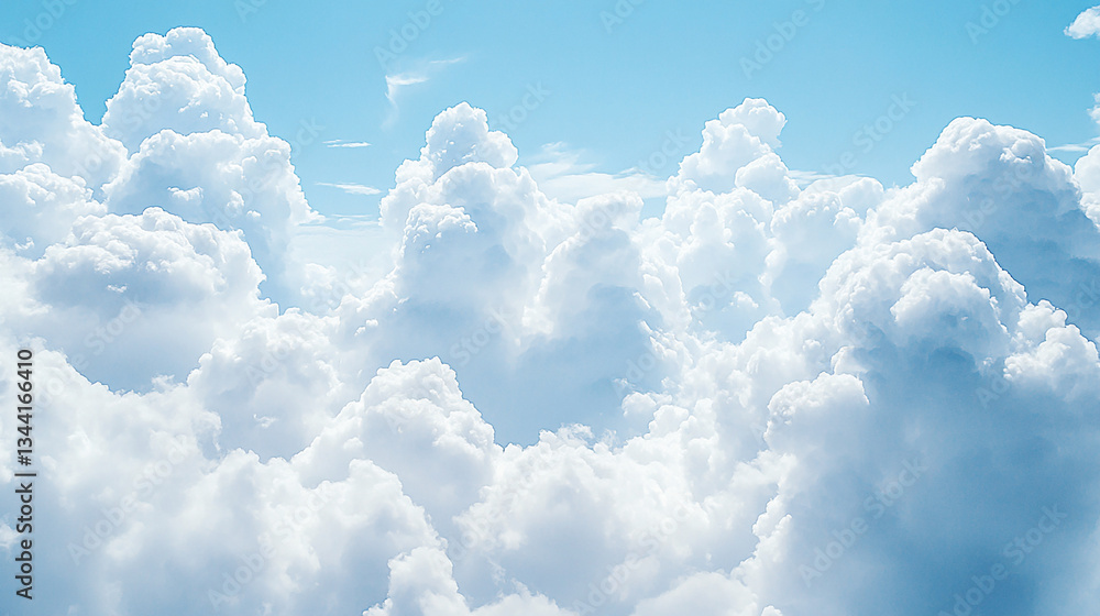 Majestic fluffy clouds floating in a bright blue sky, creating a serene and uplifting atmosphere Majestic fluffy clouds floating in a bright blue sky, creating a serene and uplifting atmosphere