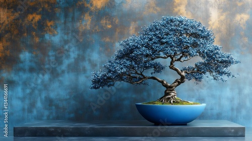 A blue bonsai tree is sitting in a blue bowl on a black pedestal