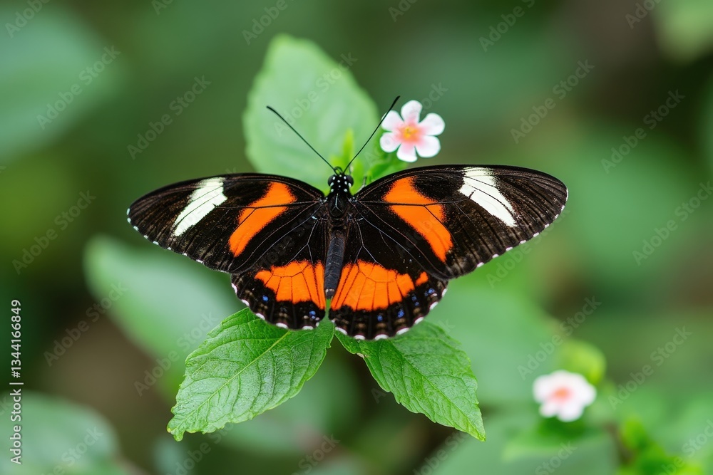 A colorful butterfly resting gracefully upon a vibrant green leaf A colorful butterfly resting gracefully upon a vibrant green leaf
