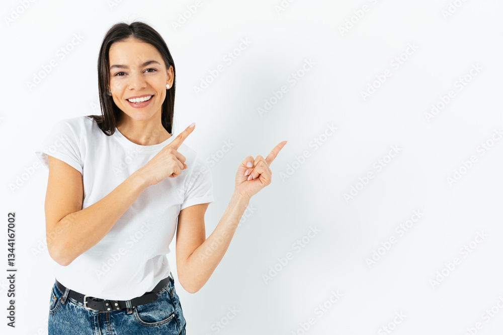 A woman is pointing to the right A woman is pointing to the right