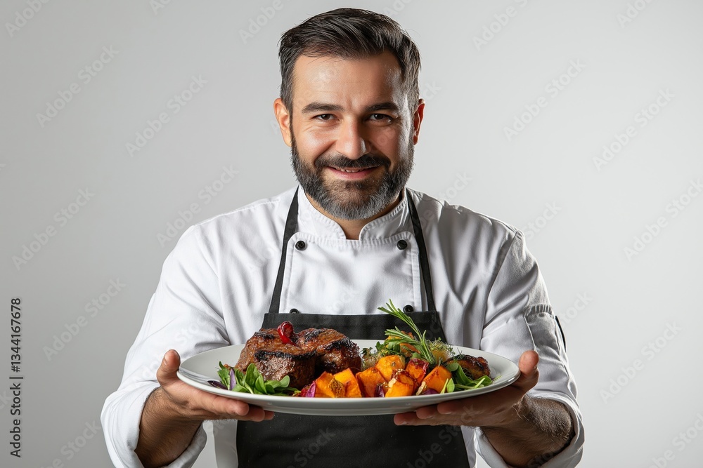 Smiling male chef presenting a beautifully plated dish with steak and roasted vegetables. Smiling male chef presenting a beautifully plated dish with steak and roasted vegetables.