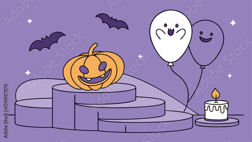 Happy Halloween Festivities with Colorful Purple Podiums and Smiling Pumpkins in a Vector Illustration