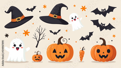 halloween elements include hats ghosts bats cute pumpkins various