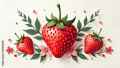 hand drawn strawberry adorns modern abstract art poster featuring trendy paper cuts floral designs perfect wall decor