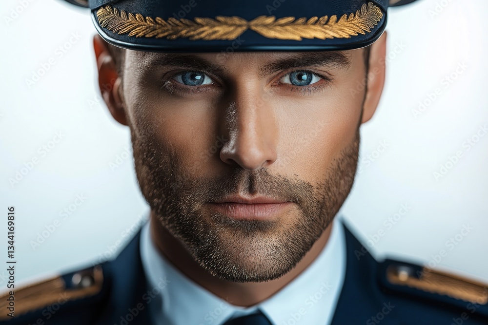 Close-up of a handsome male officer in a navy uniform, showcasing intense blue eyes and a confident expression. Close-up of a handsome male officer in a navy uniform, showcasing intense blue eyes and a confident expression.