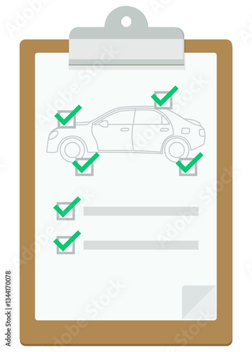 Clipboard with a page hanging with a car silhouette with validated checkpoints of a technical inspection in flat design style (cut out)