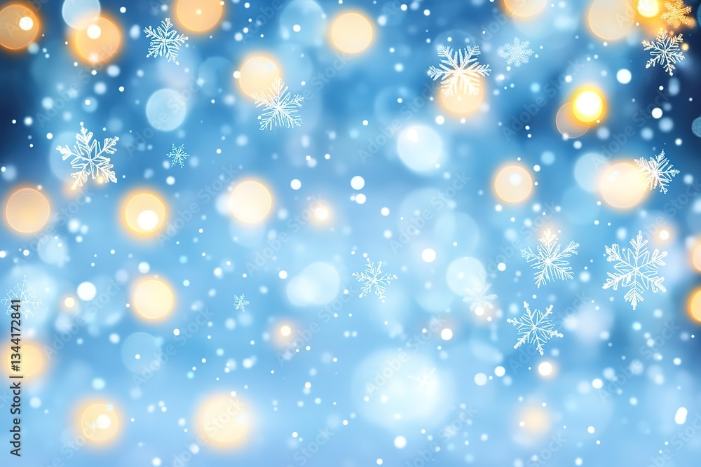 Obraz premium Magical Winter Background Blue Bokeh Lights, Falling Snowflakes, Festive Design