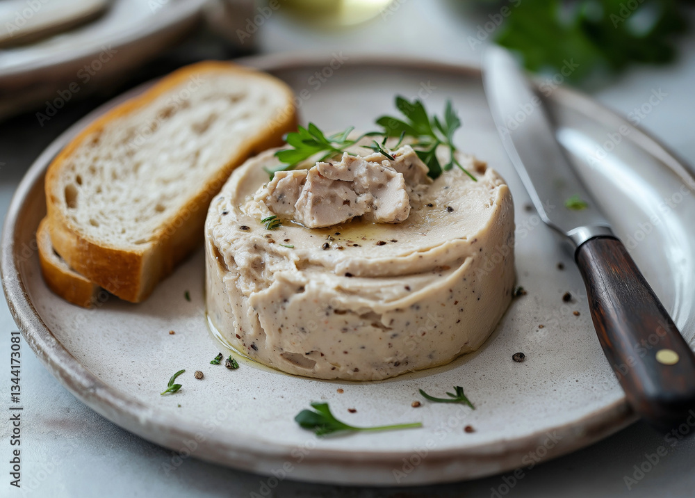 Delicious Chicken Pâté on a Small Plate with Bread & Knife Cozy Kitchen Setting Gourmet Food Photography High-Resolution Stock Image for Culinary & Dining Themes Delicious Chicken Pâté on a Small Plate with Bread & Knife Cozy Kitchen Setting Gourmet Food Photography High-Resolution Stock Image for Culinary & Dining Themes
