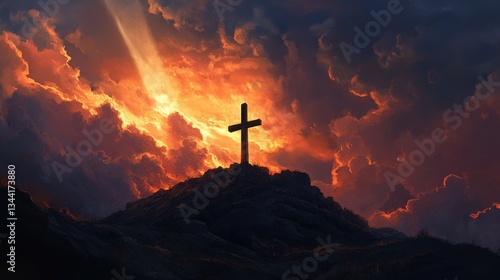 Cross Silhouette: A cross stands silhouetted atop a hill, bathed in the warm, dramatic glow of a sunset, evoking a sense of reverence, faith, and hope.