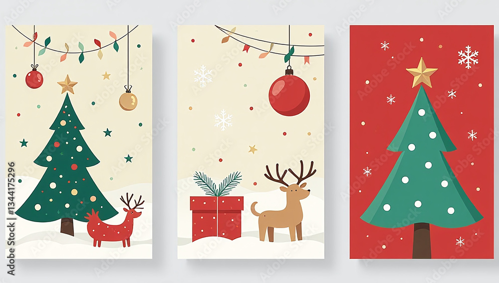 Naklejka premium modern holiday cards feature trendy designs festive elements like trees balls toys vector