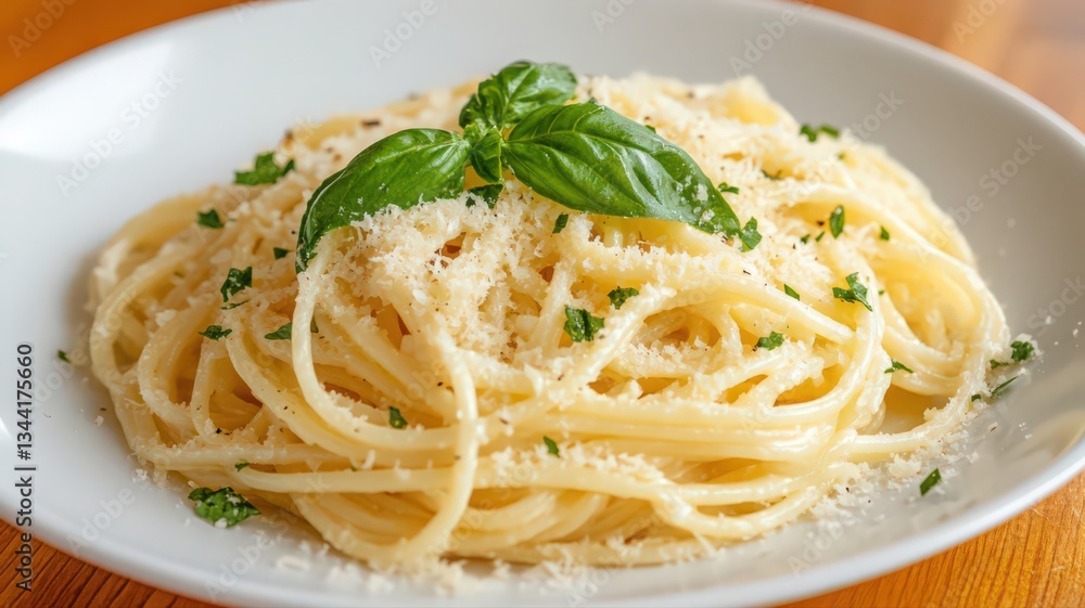 Close-up of Creamy Spaghetti with Parmesan and Basil Close-up of Creamy Spaghetti with Parmesan and Basil