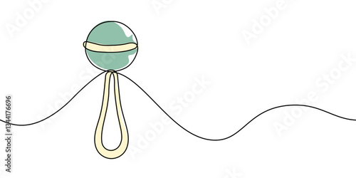 Simple continuous line drawing of a baby rattle in color, symbolizing infant toys, childcare, and early childhood development in a minimalist artistic style. Vector illustration