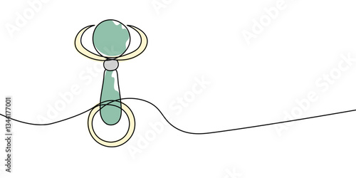 Simple continuous line drawing of a baby rattle in color, symbolizing infant toys, childcare, and early childhood development in a minimalist artistic style. Vector illustration