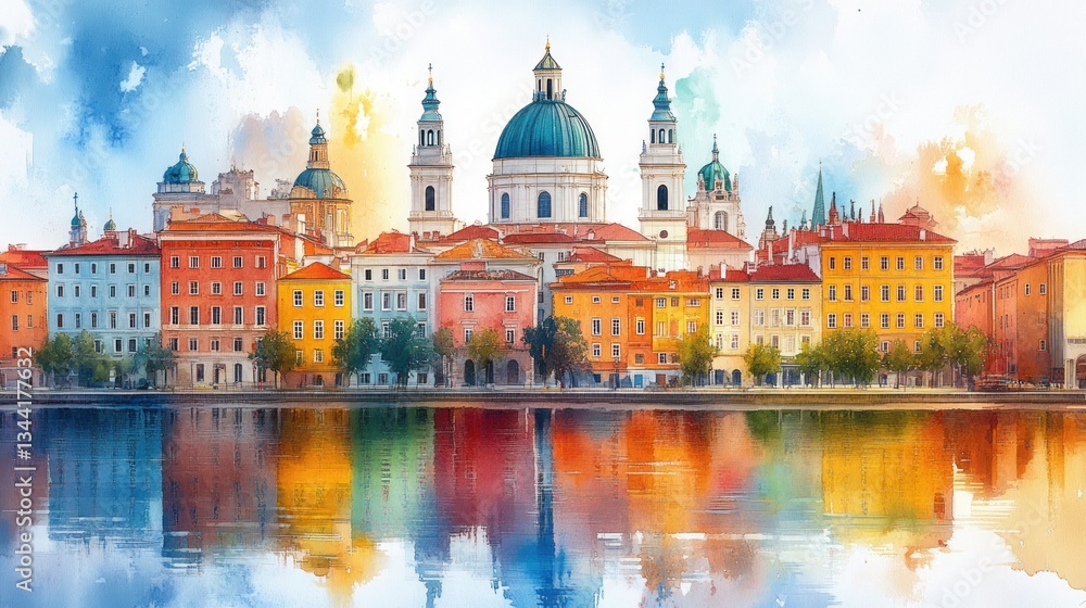Fototapeta premium Watercolor Cityscape View of Vienna Austria with Iconic Architecture and Reflections