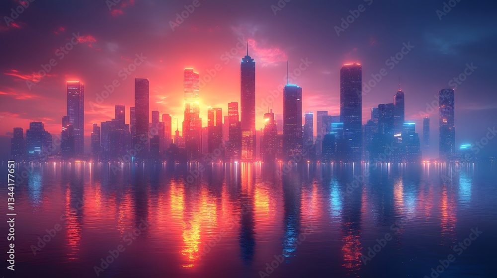 Fototapeta premium Futuristic city skyline with sleek skyscrapers glowing lights modern urban environment illustration