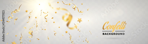 Golden confetti and ribbons falling in celebration, festive background for parties, awards, and special events.
