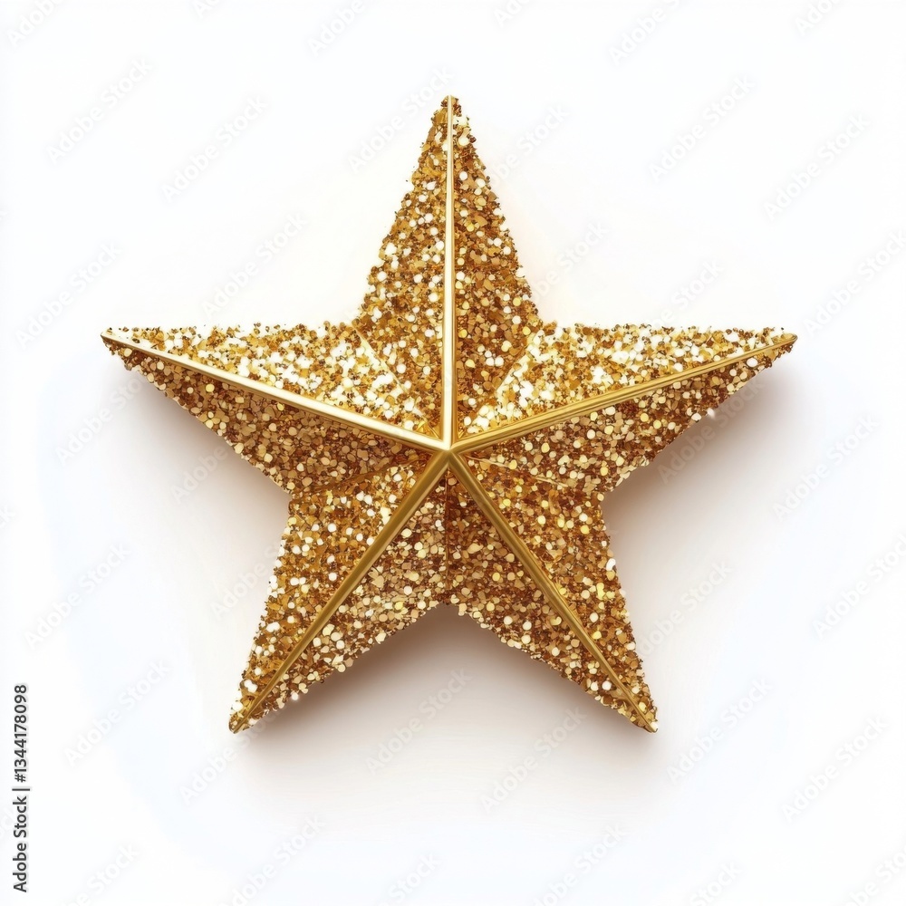 A shimmering golden star decoration featuring glittering texture against a white background. A shimmering golden star decoration featuring glittering texture against a white background.