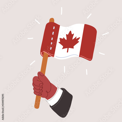 Cartoon vector illustration of a hand proudly holding the Canadian flag, symbolizing national pride and unity.