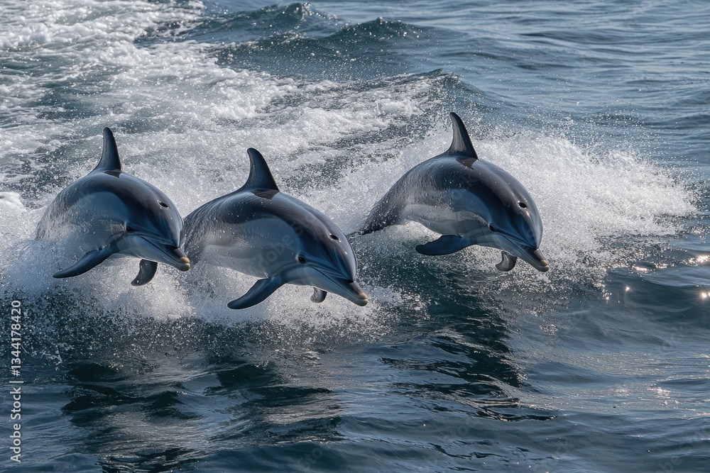 Fototapeta premium Three dolphins gracefully leaping out of ocean waves, showcasing their agility and playfulness
