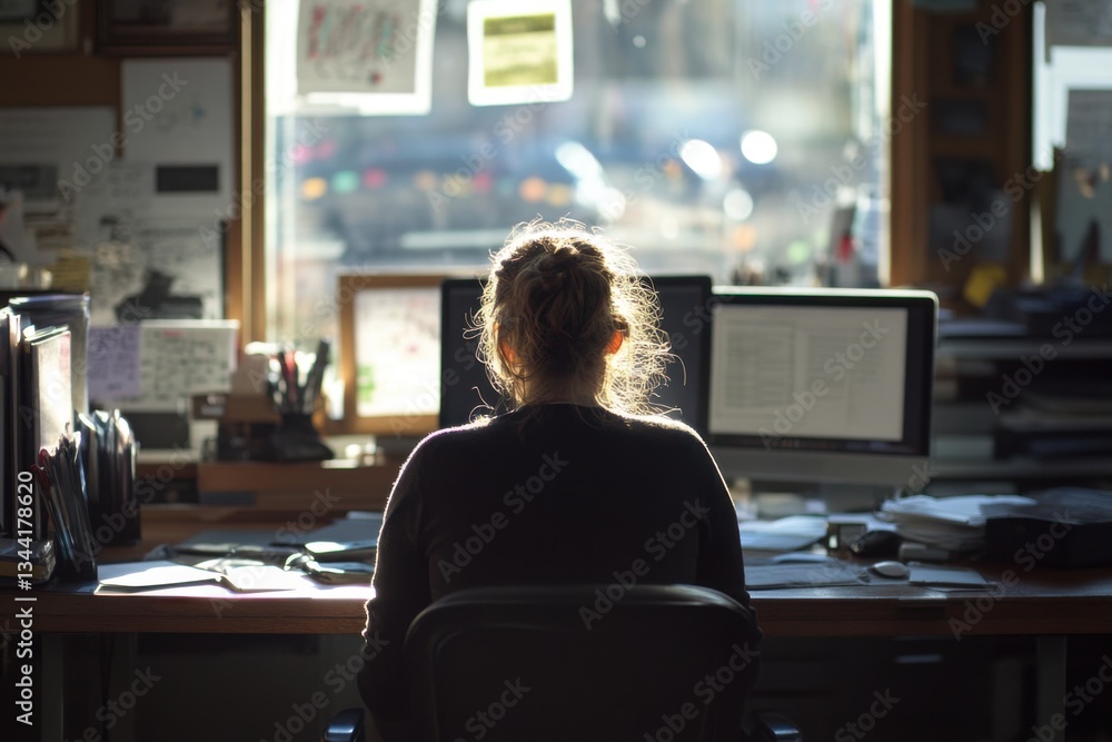 Office worker at desk with natural light and copy space on left Office worker at desk with natural light and copy space on left
