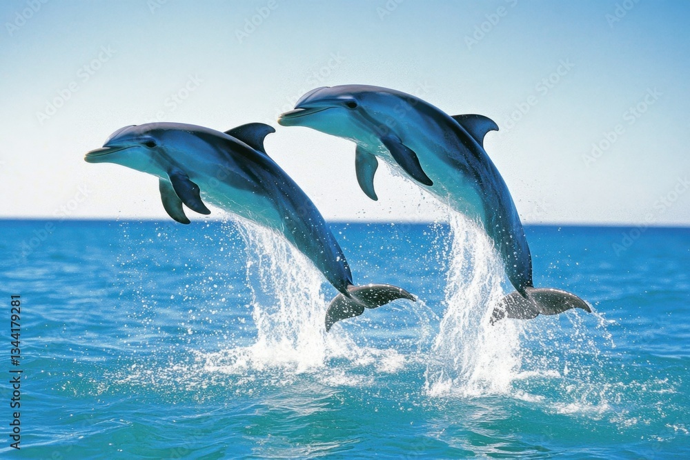 Fototapeta premium Two dolphins leaping out of the clear blue ocean under a bright sky, showcasing their agility