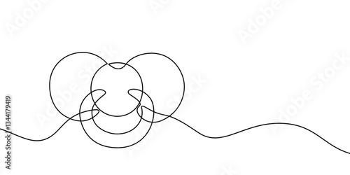 Simple continuous line drawing of a baby pacifier, symbolizing infant care, soothing, and parenting in a minimalist and artistic style. Baby pacifier one line. Vector illustration