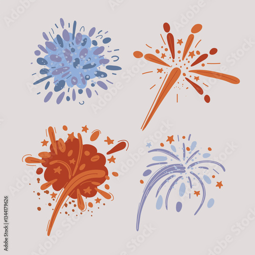 Cartoon vector illustration of three vibrant fireworks bursting in the night sky, capturing the festive spirit and celebratory mood.