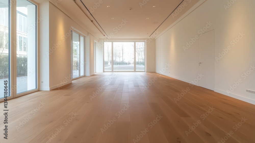 Obraz premium Spacious Empty Room with Light Wood Floor and Large Windows