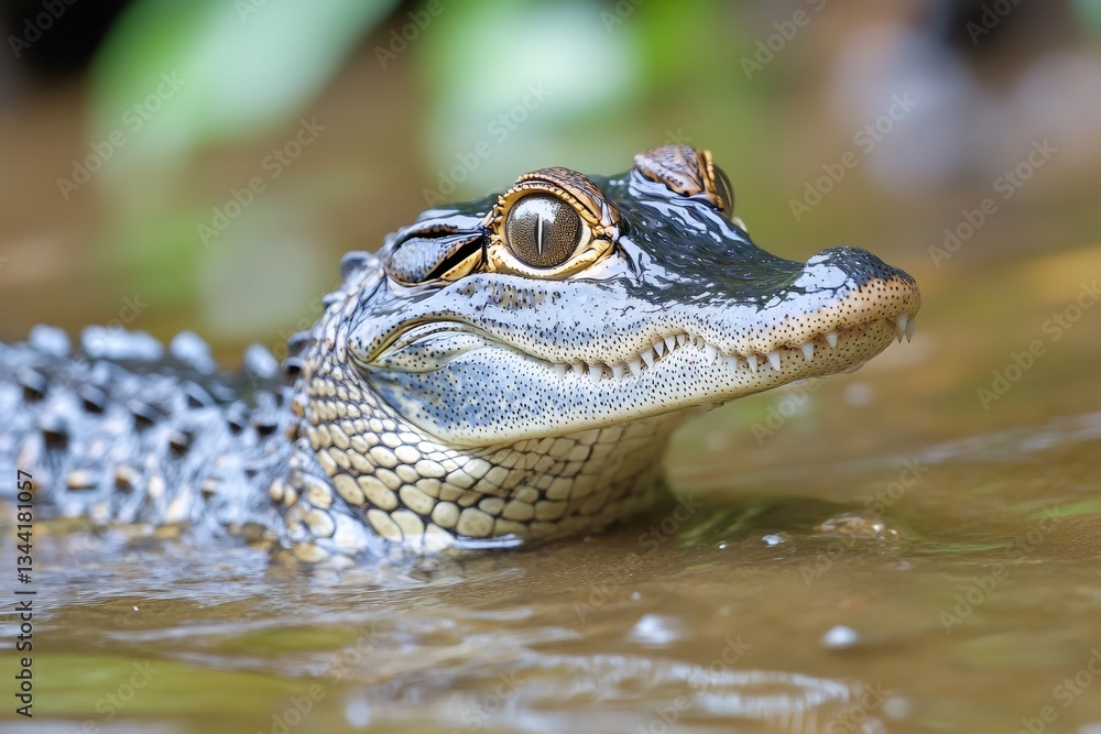 Obraz premium Baby alligator swimming in the wetlands, showing its teeth