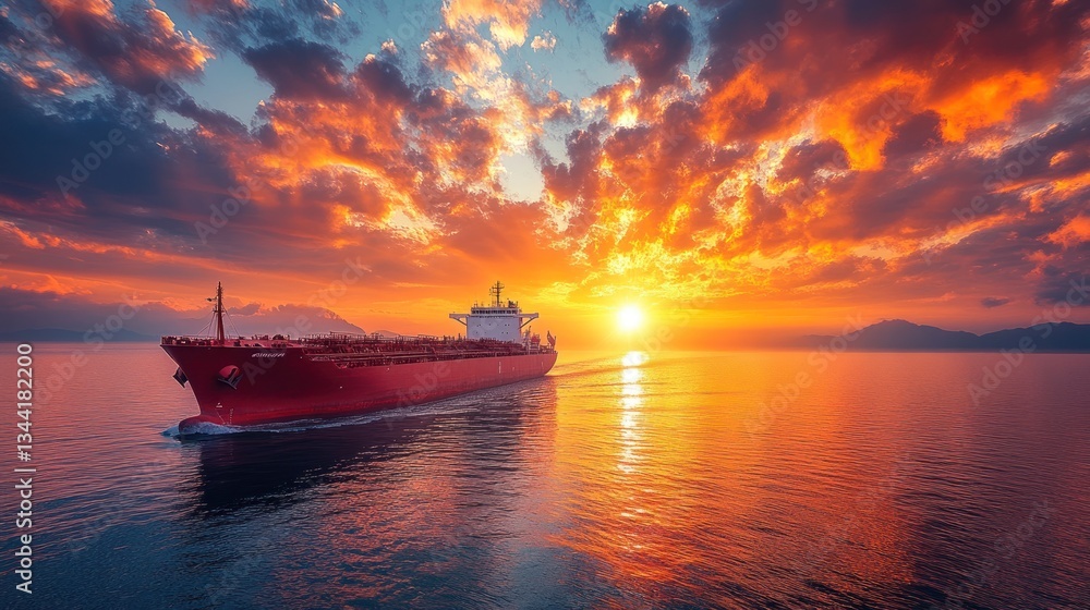 Red cargo ship sailing on ocean at sunset. (1) Red cargo ship sailing on ocean at sunset. (1)